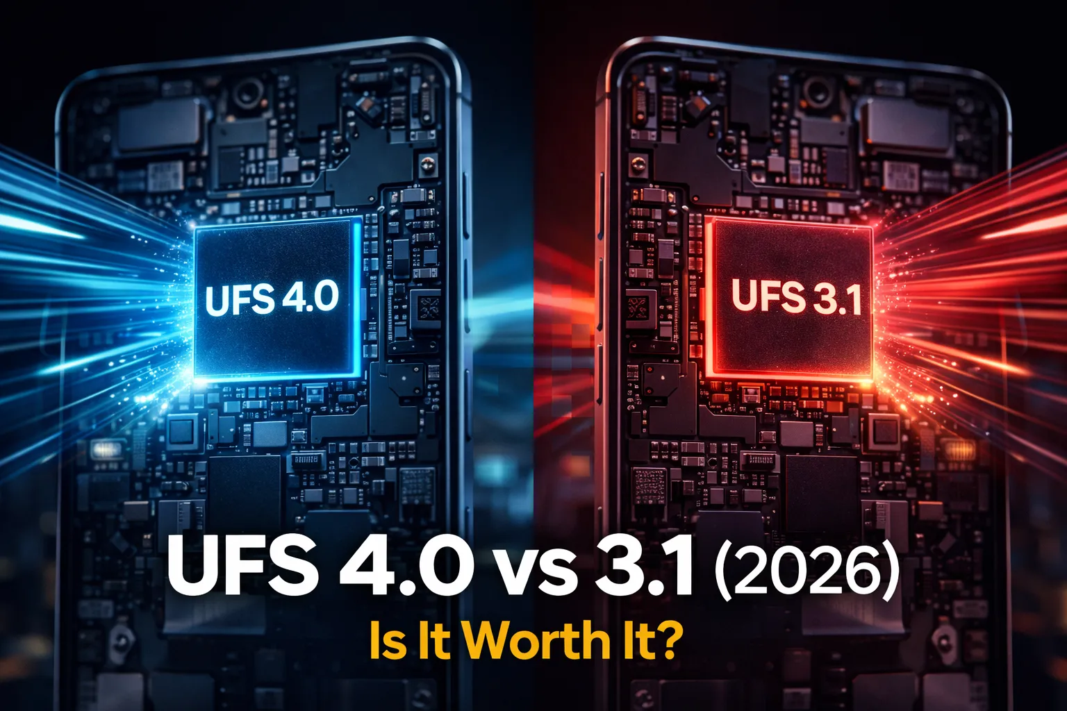 UFS 4.0 vs UFS 3.1 storage speed comparison 2026 smartphone internal chip view
